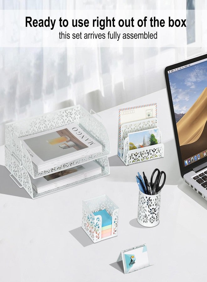 EasyPAG Desk Organizers and Accessories 5 Pieces Office Supplies Set - 2 Tier Paper Tray, Pencil Organizer for Desk, Mail Sorter Countertop, Business Card Holder and Sticky Note Holder, White - Image 4