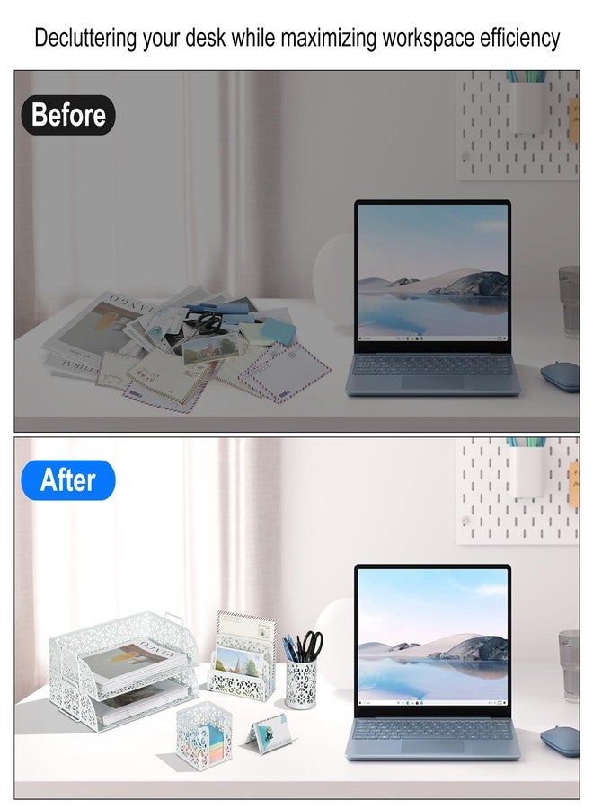 EasyPAG Desk Organizers and Accessories 5 Pieces Office Supplies Set - 2 Tier Paper Tray, Pencil Organizer for Desk, Mail Sorter Countertop, Business Card Holder and Sticky Note Holder, White - Image 5