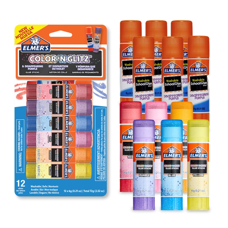 Elmers Color n Glitz Glue Sticks Washable Assorted Colors Includes Disappearing Purple 6 Grams 12 Count Stocking Stuffer Vision Board 1 Teacher Brand - Image 2
