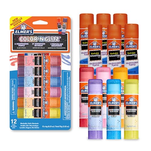 Elmers Color n Glitz Glue Sticks Washable Assorted Colors Includes Disappearing Purple 6 Grams 12 Count Stocking Stuffer Vision Board 1 Teacher Brand - Image 1