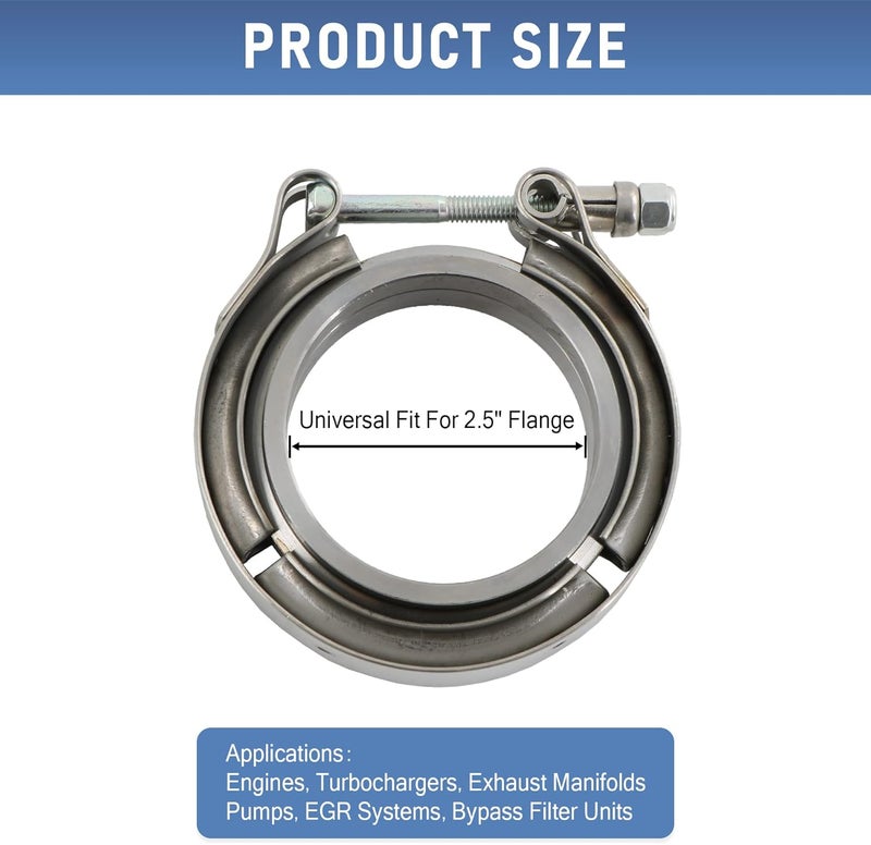 JDMSPEED New Stainless Steel 2.5" V-Band Flange & Clamp Kit 4 Pcs Replacement For Turbo Exhaust Downpipes (4) - Image 3