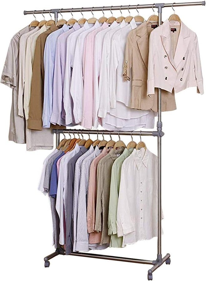 RAVIZAA Stainless Steel Double Pole Rail Telescopic Movable Portable Adjustable Clothes Garment Hanging Rack Stand with Wheels - Image 1