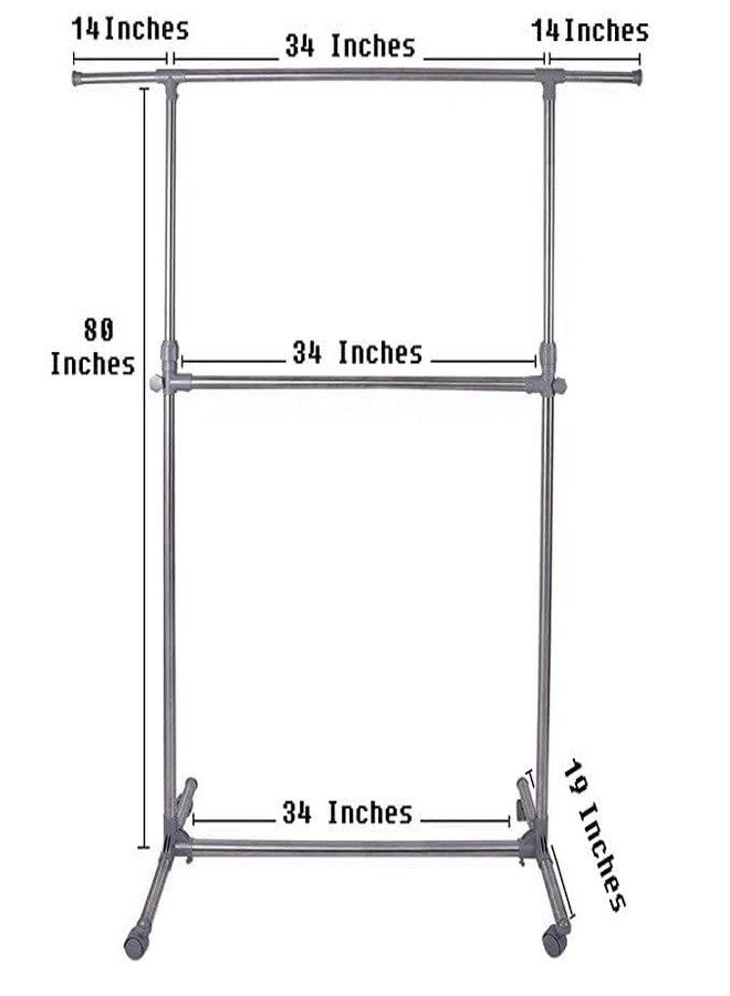 RAVIZAA Stainless Steel Double Pole Rail Telescopic Movable Portable Adjustable Clothes Garment Hanging Rack Stand with Wheels - Image 3