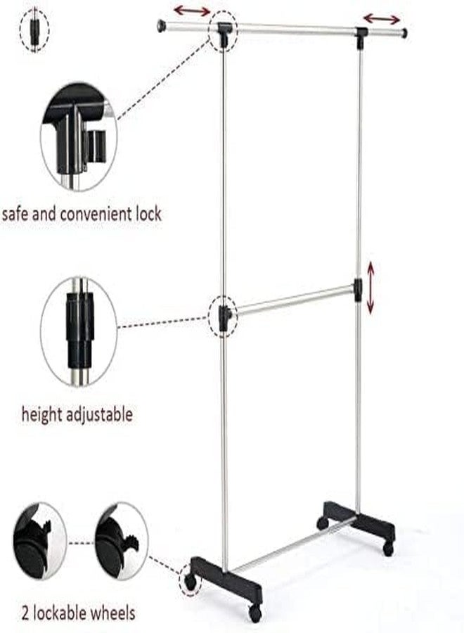 RAVIZAA Stainless Steel Double Pole Rail Telescopic Movable Portable Adjustable Clothes Garment Hanging Rack Stand with Wheels - Image 2