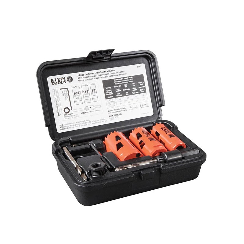 Klein Tools 32905 Electricians Hole Saw Kit with Arbor for Cutting Steel Drywall Ceiling Tile Wood Plastic 5Piece