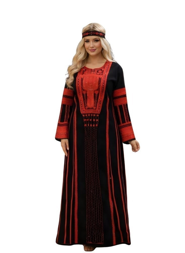 بريميم جلابية عسيرية تقليدية سوداء وحمراء للنساء - زي تراثي ليوم تأسيس المملكة العربية السعودية، مطرزة بتطريز عسيري أصيل، جلابية ثقافية بأكمام طويلة مستوحاة من جنوب المملكة العربية السعودية - Image 1