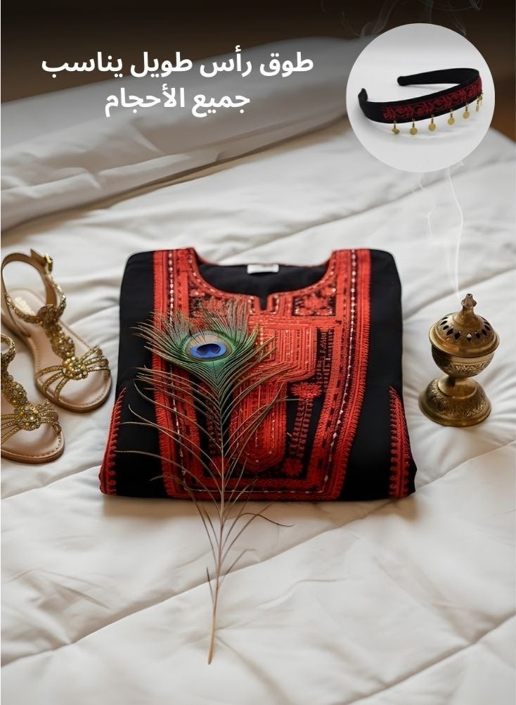 بريميم جلابية عسيرية تقليدية سوداء وحمراء للنساء - زي تراثي ليوم تأسيس المملكة العربية السعودية، مطرزة بتطريز عسيري أصيل، جلابية ثقافية بأكمام طويلة مستوحاة من جنوب المملكة العربية السعودية - Image 4