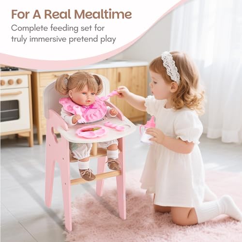 Giant bean Wooden Baby Doll High Chair with Feeding Set Pretend Play Feeding Seat for Dolls Includes Bib Utensils Bottles Plate Toddler Role Play Furniture for 18 Inch Dolls - Image 5