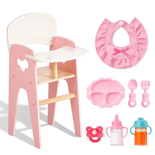 Giant bean Wooden Baby Doll High Chair with Feeding Set Pretend Play Feeding Seat for Dolls Includes Bib Utensils Bottles Plate Toddler Role Play Furniture for 18 Inch Dolls - Image 1