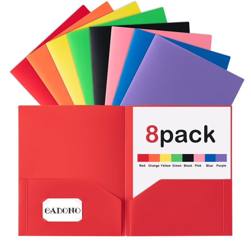 CADONO Plastic Folders with Pockets (8 Pack,Assorted Colors), Durable Heavy Duty File Folders with Business Card Slot, 2-Pocket Folder for Schoolwork & Office,Back to School Supplies - Image 1