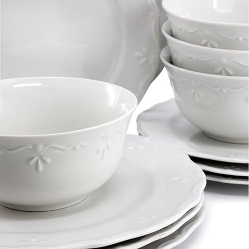 Elama Henryi 18 Piece Embossed Rim Detail Porcelain White Dinnerware Set, Tableware Set, Serveware (18 Piece) - Image 5