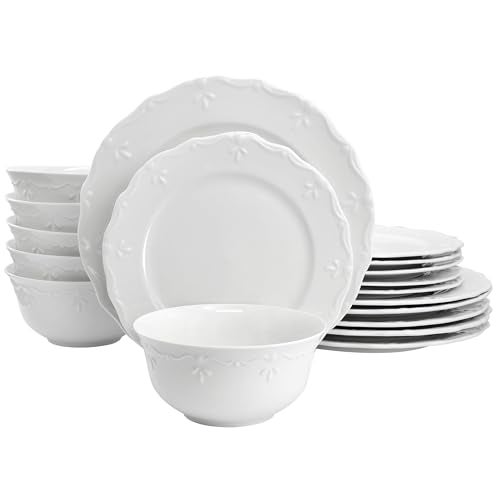 Elama Henryi 18 Piece Embossed Rim Detail Porcelain White Dinnerware Set, Tableware Set, Serveware (18 Piece) - Image 1