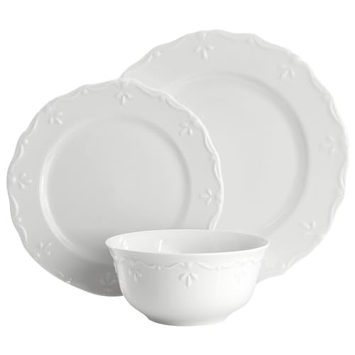 Elama Henryi 18 Piece Embossed Rim Detail Porcelain White Dinnerware Set, Tableware Set, Serveware (18 Piece) - Image 2