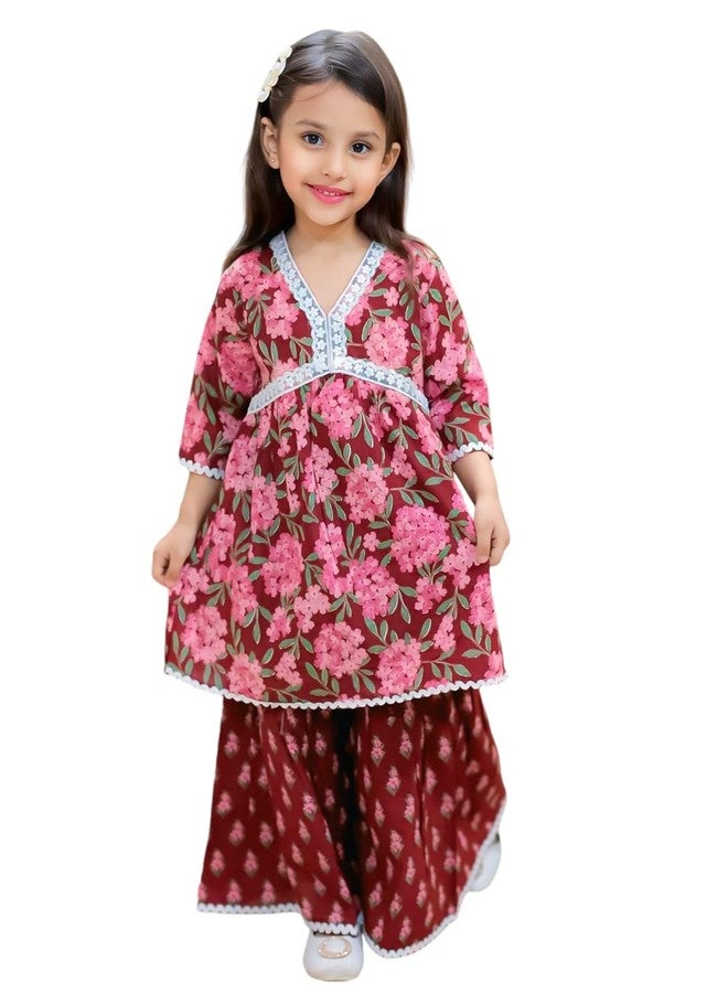 BAMBOOLOGY Kid’s Girls Pure Cotton Jaipur Block Printed Indian Ethnic Festive Suit Sets | Red (4-5 Year) - Image 1