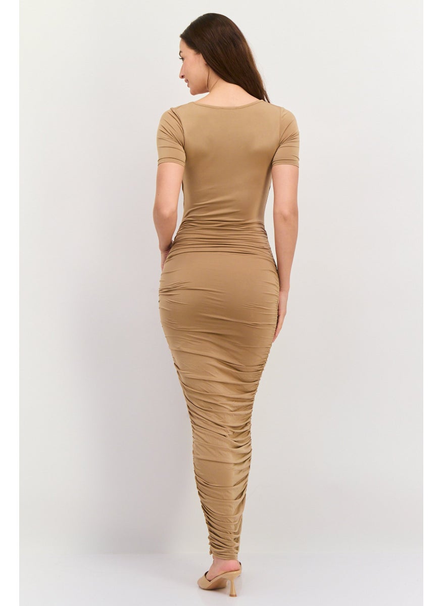 PUBLIC DESIRE Women Ruched Bodycon Dress, Tan  - Image 3