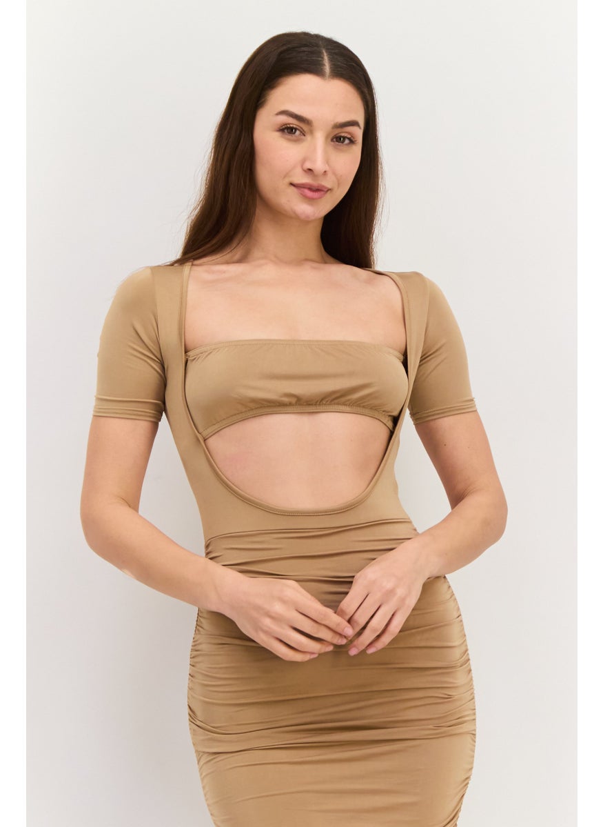 Women Ruched Bodycon Dress, Tan - pzsku/Z3ACC7818BA1CC184EADCZ/45/_/1737642289/73458e54-c63d-4468-a80c-bb52b81422a3