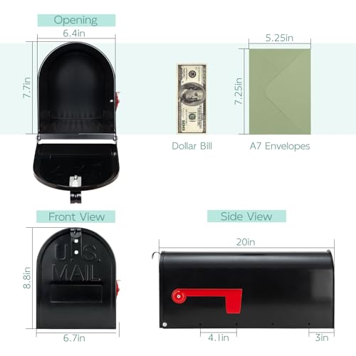 GIGYES Mailboxes for Outside Post Mount, Black Metal Mailbox, Standard Size, 20 x 8.7 x 6.7 Inches - Image 5