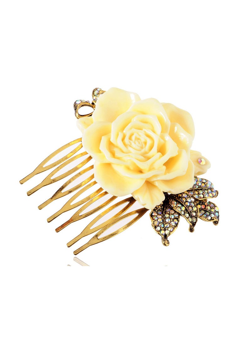Alilang Alilang Gold Tone Sculpted Yellow Enamel Flower Rainbow Rhinestones Bow Leaves Hair Pin Clip Comb One Size 1 Piece 