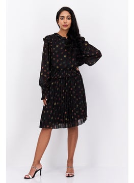 Women Polka Dots Midi Casual Dress, Black Combo