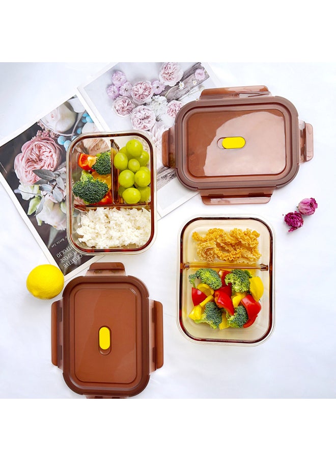 Glass Lunch Box Fresh-keeping Box Microwave Heating Bowl Packing With Lid Lunch Bowl Sealed-Specifications:1040ml Three-compartment Rectangle-Color:Amber