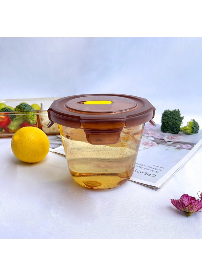 Glass Lunch Box Fresh-keeping Box Microwave Heating Bowl Packing With Lid Lunch Bowl Sealed-Specifications:1040ml Three-compartment Rectangle-Color:Amber