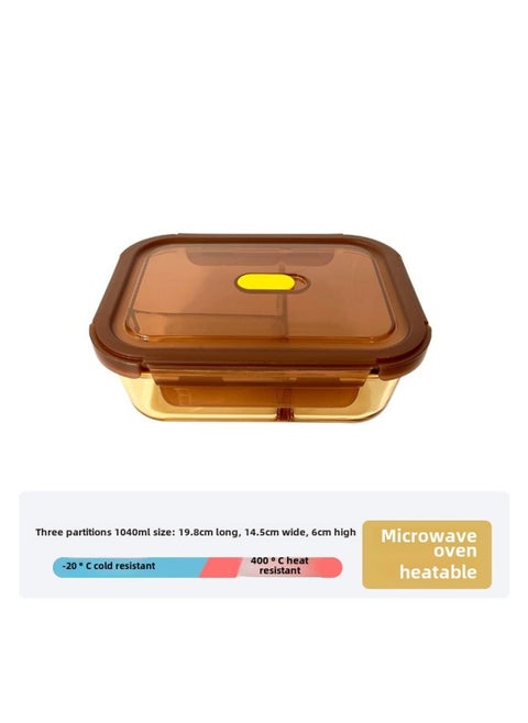 Glass Lunch Box Fresh-keeping Box Microwave Heating Bowl Packing With Lid Lunch Bowl Sealed-Specifications:1040ml Three-compartment Rectangle-Color:Amber