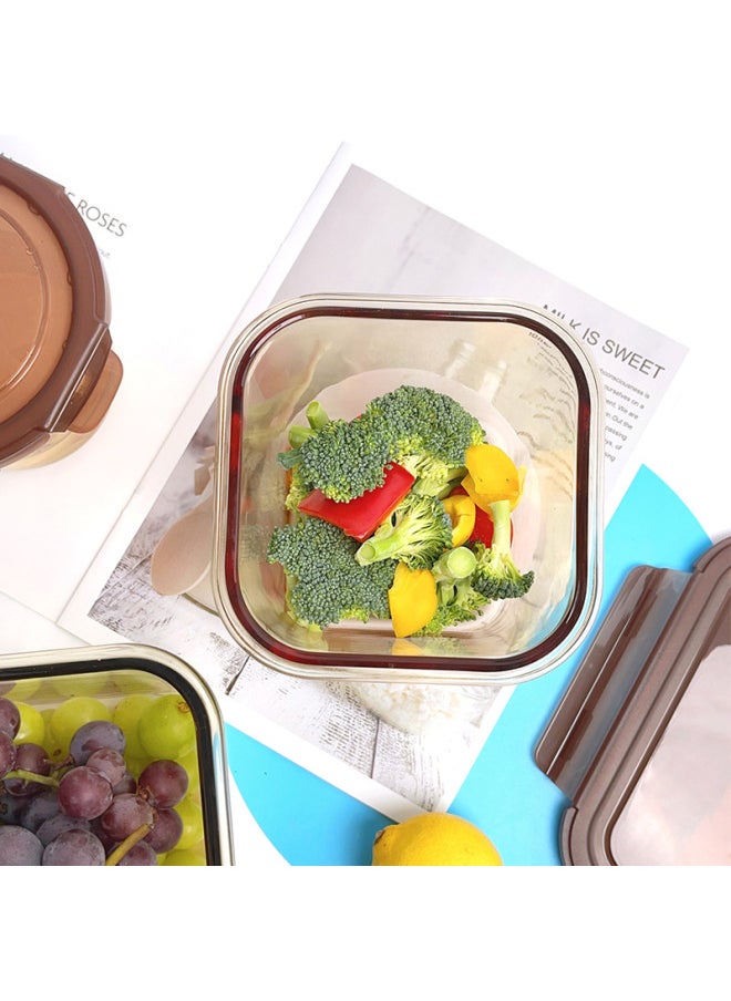 Glass Lunch Box Fresh-keeping Box Microwave Heating Bowl Packing With Lid Lunch Bowl Sealed-Specifications:1040ml Three-compartment Rectangle-Color:Amber