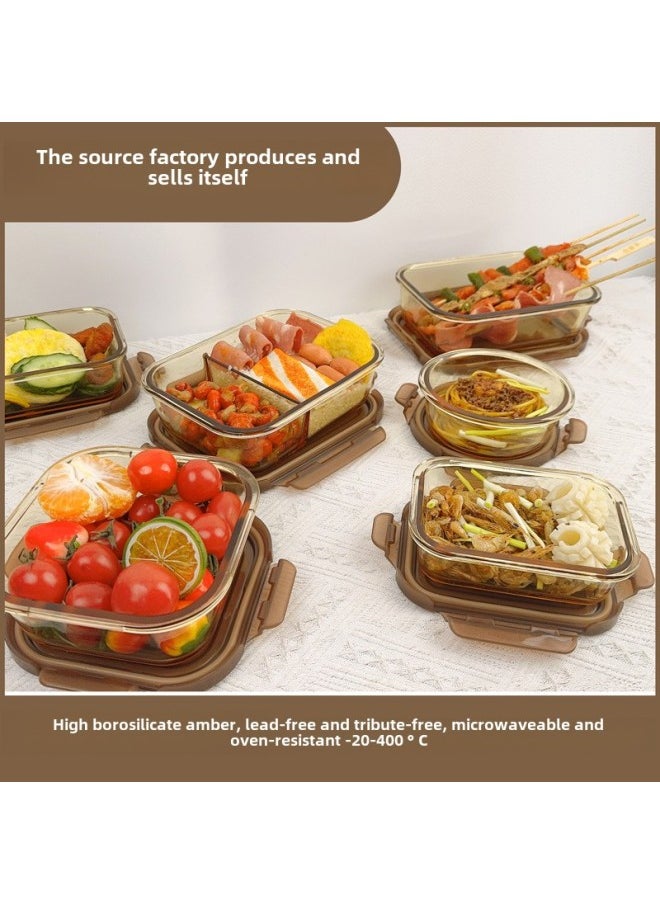 Glass Lunch Box Fresh-keeping Box Microwave Heating Bowl Packing With Lid Lunch Bowl Sealed-Specifications:1040ml Three-compartment Rectangle-Color:Amber