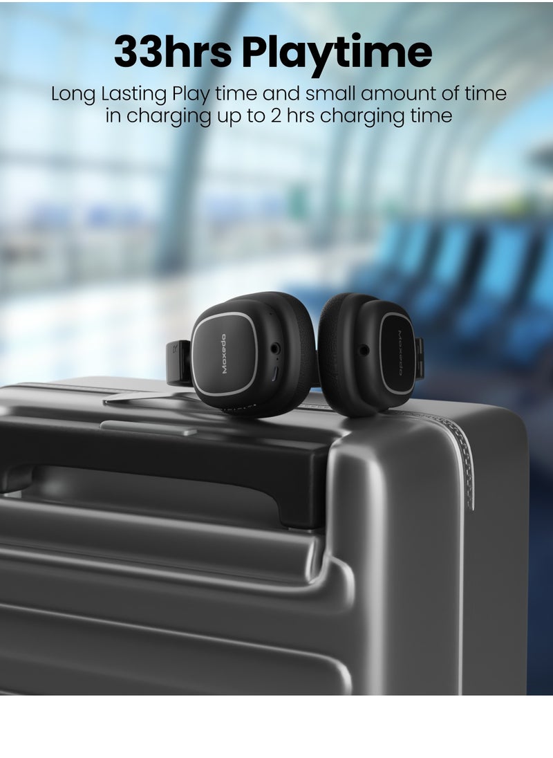 Moxedo Rave Bass Wireless ANC Headphone 42dB Active Noise Cancelling Over-Ear Headphone Dual Powered, 33 Hours Long Playtime with Built-in Microphone (Black)