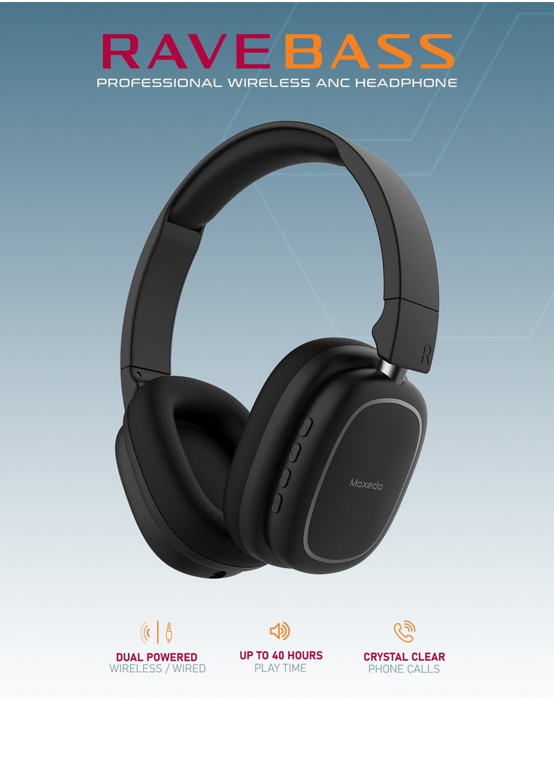 Moxedo Rave Bass Wireless ANC Headphone 42dB Active Noise Cancelling Over-Ear Headphone Dual Powered, 33 Hours Long Playtime with Built-in Microphone (Black)