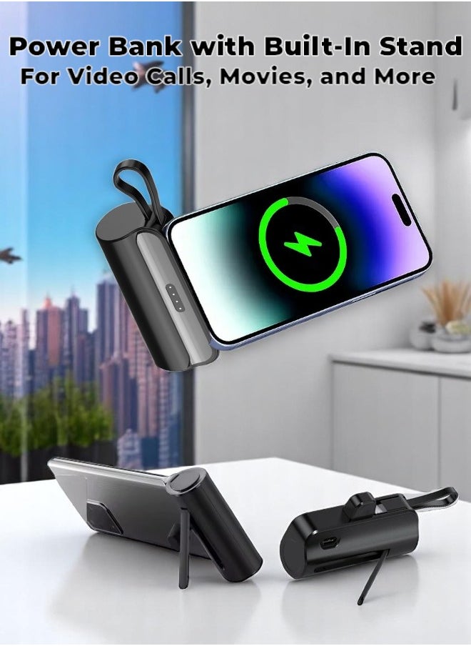 Generic - 5000mAh Mini Power Bank, iPhone LIGHTNING Connector, Portable Charger Battery Pack, with Built in Cables and Foldable Stand & LED Display With light – Compatible for iPhone, AirPods, iPad, and more (Black/White) - Image 1