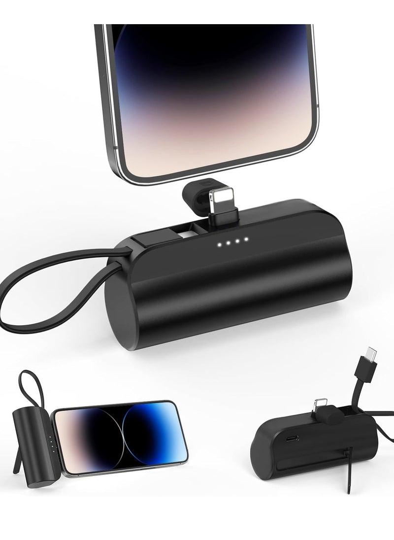 Generic - 5000mAh Mini Power Bank, iPhone LIGHTNING Connector, Portable Charger Battery Pack, with Built in Cables and Foldable Stand & LED Display With light – Compatible for iPhone, AirPods, iPad, and more (Black/White) - Image 1