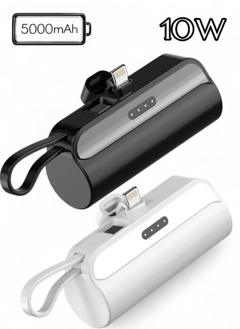 5000mAh Mini Power Bank, iPhone LIGHTNING Connector, Portable Charger Battery Pack, with Built in Cables and Foldable Stand & LED Display With light – Compatible for iPhone, AirPods, iPad, and more (Black/White)
