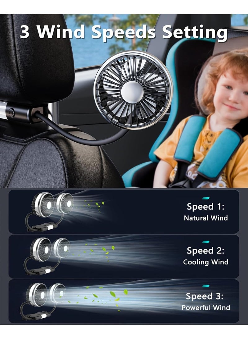 360 Hose Cooling Fan for Car Backseat Kids Baby Rear Facing, Portable USB Car Fan for Vehicle SUV RV Pickup Truck Headrest - Powerful 3-Speed LED Light - Image 3