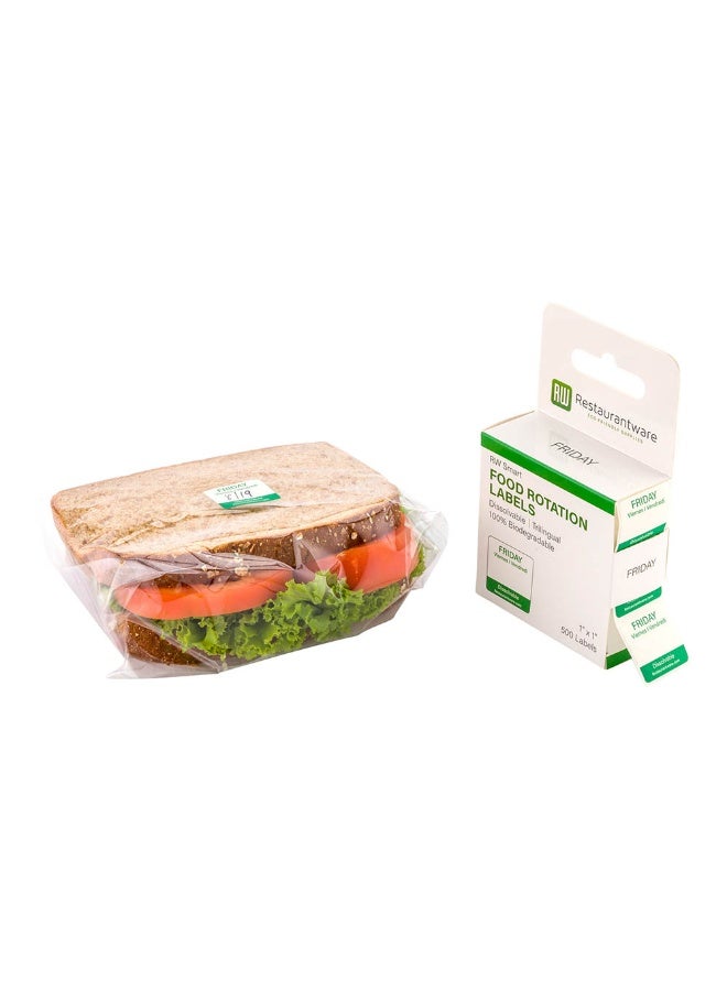 Restaurantware RW Smart 1 Inch x 1 Inch Food Rotation Labels, 500 Dissolvable Food Safety Labels - Premium Trilingual, Green Paper Day Of The Week Labels, For Food Storage Or Prep, Friday  - Image 1