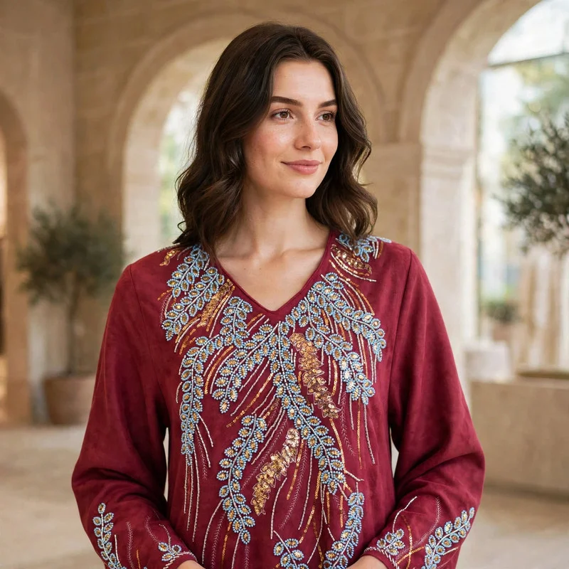 اكسا جلابية ملابس شتوية شامواه مطرزة بنقوش الريش والخرز للنساء من إكسا IKW1155