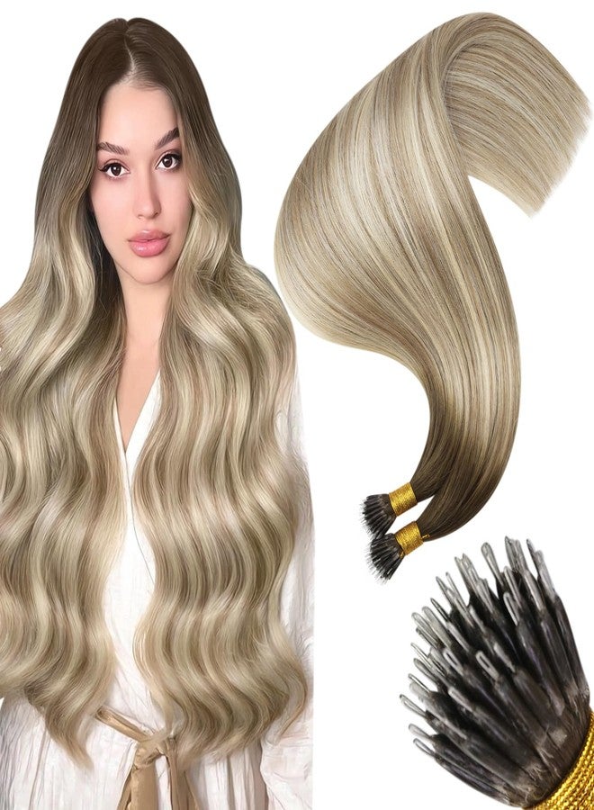 Moresoo Nano Hair Extensions Human Hair Natural Brown to Light Brown with Natural Light Blonde Balayage Nano Ring Hair Extensions Human Hair Brown 50G 50 Strands 16 Inch - Image 1