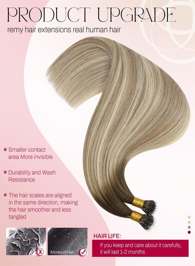 Moresoo Nano Hair Extensions Human Hair Natural Brown to Light Brown with Natural Light Blonde Balayage Nano Ring Hair Extensions Human Hair Brown 50G 50 Strands 16 Inch - Image 3