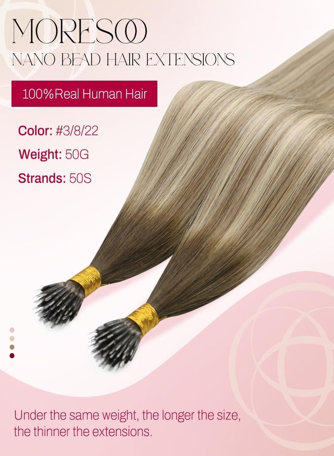 Moresoo Nano Hair Extensions Human Hair Natural Brown to Light Brown with Natural Light Blonde Balayage Nano Ring Hair Extensions Human Hair Brown 50G 50 Strands 16 Inch - Image 2