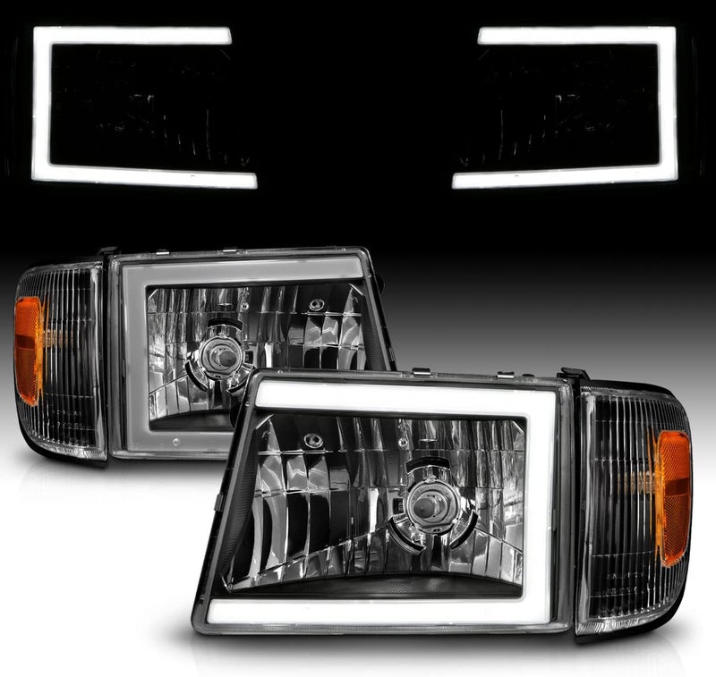 AmeriLite LED Tube Black Replacement Headlights and Corner Light Set for 1998-2000 Toyota Tacoma 4WD - Image 1