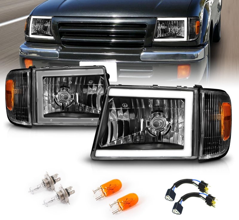 AmeriLite LED Tube Black Replacement Headlights and Corner Light Set for 1998-2000 Toyota Tacoma 4WD - Image 2