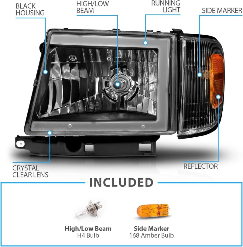 AmeriLite LED Tube Black Replacement Headlights and Corner Light Set for 1998-2000 Toyota Tacoma 4WD - Image 5