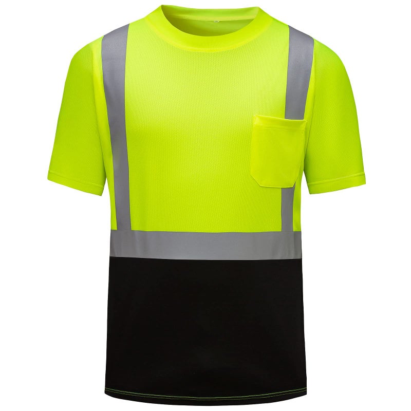 DPSAFETY High Visibility Shirts Quick Dry Safety T Shirts with Reflective Strips and Pocket Short Sleeve Mesh Hi Vis Construction Work Class 2 Shirt for MenWomen Black Bottom LimeMedium