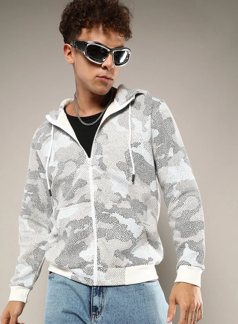 كامبوس سوترا سويت شيرت رجالي رمادي وبيج بنقوش مجردة بياقة بغطاء رأس وأكمام طويلة وسحاب للإغلاق مصنوع من القطن بياقة مريحة للاستخدام اليومي