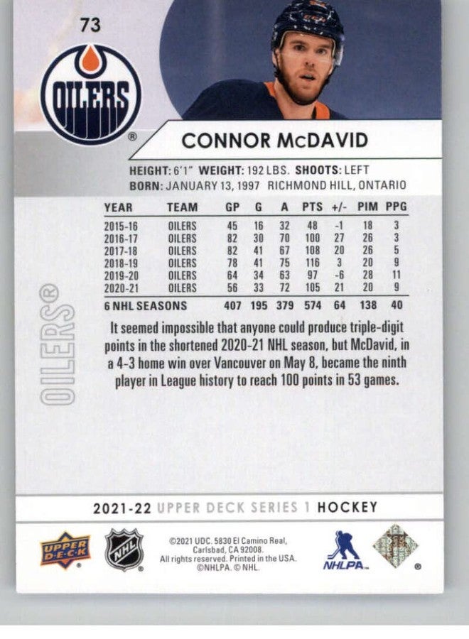 Upper Deck 2021-22 Upper Deck #73 Connor McDavid Edmonton Oilers Series 1 NHL Hockey Base Trading Card - Image 2