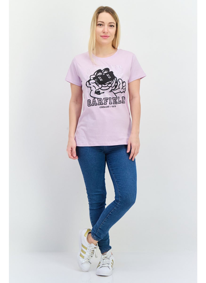 nickelodeon Women Crew Neck Short Sleeves Garfield T-Shirt, Lavender Combo  - Image 4