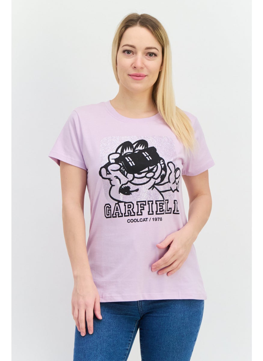 nickelodeon Women Crew Neck Short Sleeves Garfield T-Shirt, Lavender Combo  - Image 1