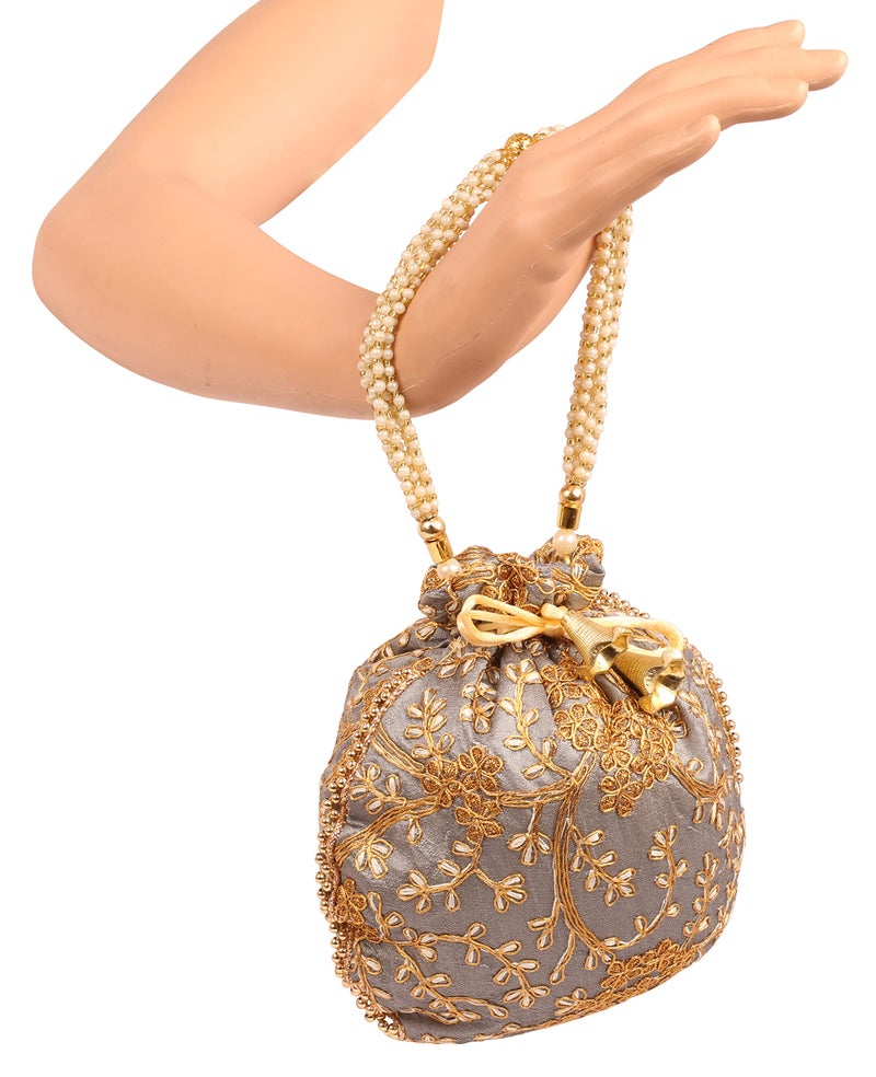 Touchstone NEW Indian Hand Embroidered Faux Pearls Strings Shopping Gifts Jewelry Wedding Sweet Distribution Faux Pearls Strings Drawstring Grey Bag Fancy Purse Pouch For Women. - Image 2
