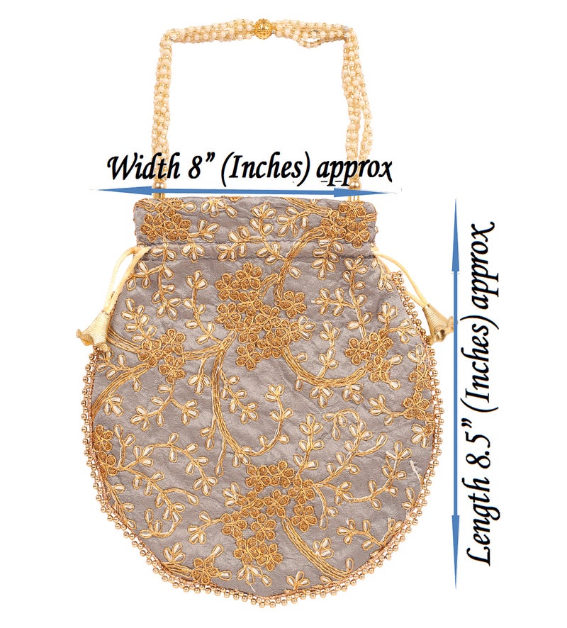 Touchstone NEW Indian Hand Embroidered Faux Pearls Strings Shopping Gifts Jewelry Wedding Sweet Distribution Faux Pearls Strings Drawstring Grey Bag Fancy Purse Pouch For Women. - Image 5