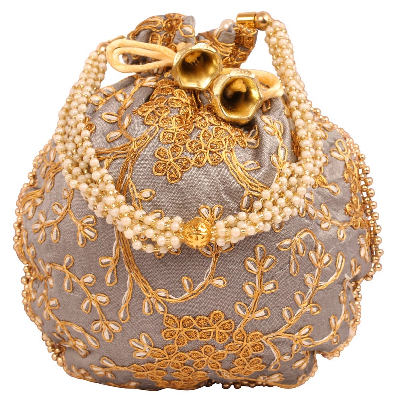 Touchstone NEW Indian Hand Embroidered Faux Pearls Strings Shopping Gifts Jewelry Wedding Sweet Distribution Faux Pearls Strings Drawstring Grey Bag Fancy Purse Pouch For Women. - Image 3